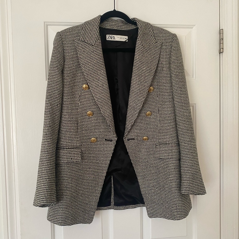 Zara Double Breasted Houndstooth Blazer